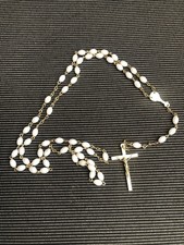 Vintage White Beaded Silver Metal Cross Necklace Crucifix Rosary Old Classic Set