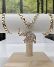 9ct Gold XP Elephant Pendant On 24" 8mm Curb Chain, Cz Set Pendant, Chunky Chain