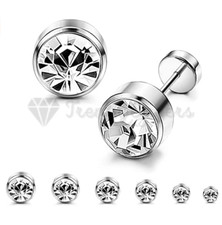 Womens Mens  Round Cubic Zirconia Diamante CZ Silver Screw Back Stud Earrings