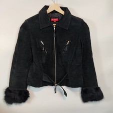 Derhy Leather Jacket M UK 12 Pig Suede Raccoon Fur Aviator Bomber Biker Buckle