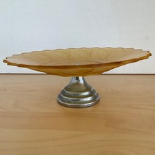 Vintage Bagley Amber Glass Cake Stand ' Rose & Leaf' Frosted Art Deco c. 1930s