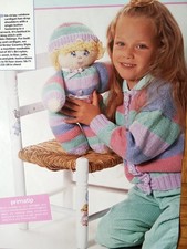 Prima knitting pattern for dk stripy doll and cardigan (magazine extract)