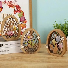 Wooden Easter Rabbit Eggs Ornaments Bunny Hollow Carving Flowers Craft Wood Chic