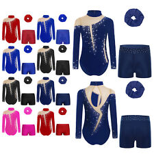 UK Girls Sparkly Long Sleeve Gymnastics Leotard with Shorts Hair Scrunchies Set