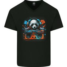Panda Music With a Ghetto Blaster 80s Mens V-Neck Cotton T-Shirt