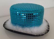Blue sequin and white marabou black felt top hat
