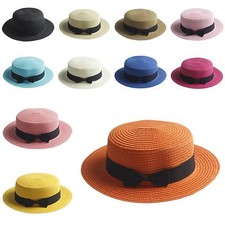 Women Lady's Straw Bowler Boater Sun Hat Round Flat Caps Wide Brim Summer Beach