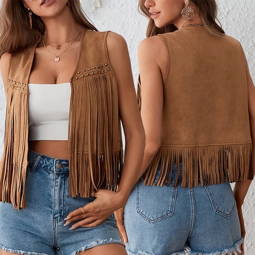 Women sleeveless fringe vest - sleeveless,