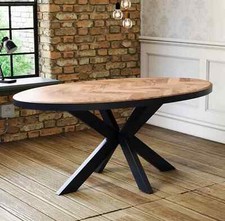 Oval Solid Mango Wood Dining Table, Herringbone Design, Black Iron Spider Base
