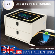 2 Drawers Bedside Table LED Light Wireless Charging Bedroom Furniture White UK