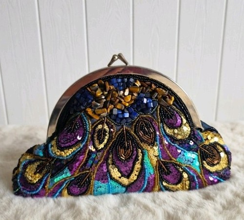 Navy peacock beaded sequin - beaded,