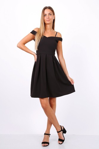 Black pleated skater dress - black,