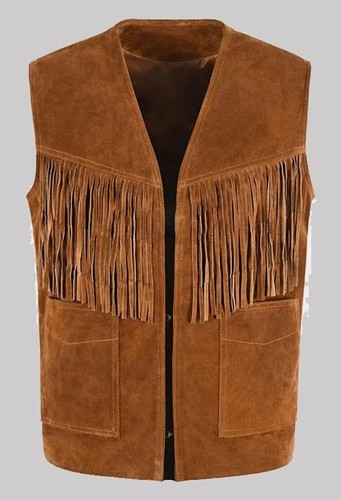 Men brown suede fringe vest - brown,