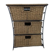 Wicker Rattan Drawer 3 Set Of Drawers Basket Bedside Black Metal Frame BU9