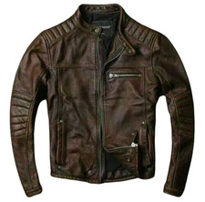Men’s Motorcycle Biker Vintage Cafe Racer Distressed Brown Real Leather Jacket
