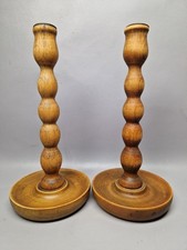 vintage bobbin pair of turned wooden candlesticks early 19th century antique