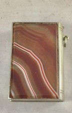 Antique Silver Metal Banded Agate Book Shaped Vesta Case Match Safe Striker