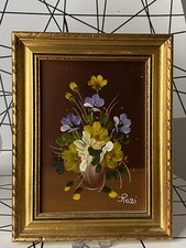 Small Italian floral oil painting gold tone framed signed vintage 