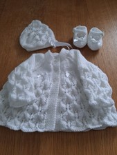 Hand-knitted Girls White Matinee Set Coat Bonnet and Booties 0-3 months