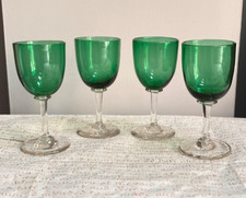 4 Antique Hand Blown Bristol Green Glass Clear Stem Port Sherry Wine Glasses