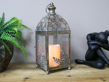 Antique Silver Metal Lantern Candle Holder with Leaf Design Home Decor