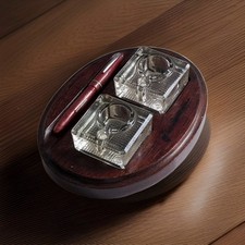 Art Deco Fountain Pen & Inkwell Desk Set Desktop In Mahogany In Lovely Condition