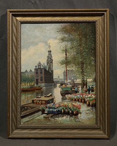 Antique french cityscape canal - antique,