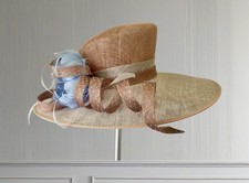 Jacques Vert Wide Brim Wedding Hat Beige Taupe Pale Blue Garden Party Races