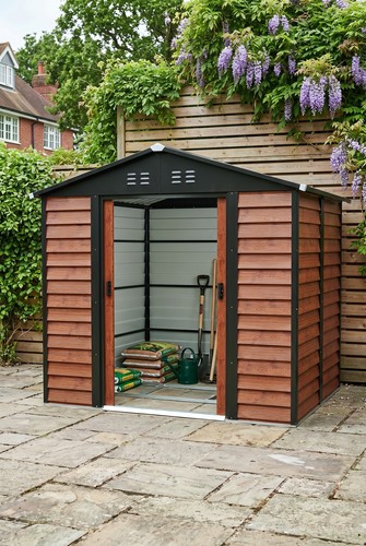 Wood effect metal garden shed - effect,
