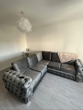 5 Seater Ashton Corner Sofa Grey Velvet Full back Chesterfield Settee Couch