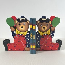 Vintage Teddy Bear Wooden Bookends Retro Original Hand-painted Handmade 70s 80s