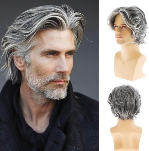 Mens wig short grey layered - short,