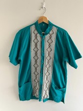 Nomasi Mexican Embroidered Guayabera Mens Short Sleeve Shirt Turquoise Cotton M