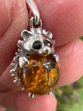 Amber Crystal Hedgehog pendant Cute Silver stamped 925 Fossil luck small success