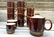 Vintage Poole Pottery Coffee Tea Pot 12 small Cups Set Chestnut Brown Sugar Bowl