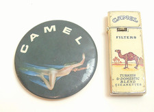 Vintage CAMEL Gas Cigarette Lighter & Original CAMEL Metal Button Badge