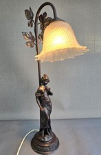 Art Nouveau style table lamp lady & vine leaf design and frosted glass shade