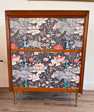 Mid Century Modern Teak Refurbished Decoupage Ceramic handles Tall Boy Drawers