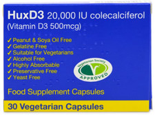 HuxD3 20000iu Colecalciferol Vitamin D3 - HUX Capsules Vegetarian Halal Kosher