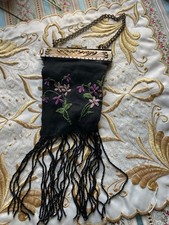Atnique Embroidered Silk Bag/Purse with Beaded Tassels/Embossed Metal Frame