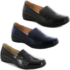 LADIES WOMEN WIDE FIT SHOES LOW WEDGE LEATHER LINING WORK MOCCASIN CASUAL LOAFER