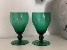 Fine Pair Of Antique Bristol Green Hand Blown Crystal Glass Wine Goblets c1920