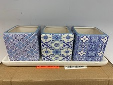 Set Of 3 Square Ceramic Plant/Herb Pots On Plate blue white ceramic planters