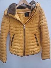 Zara UK 8 Mustard Yellow Padded Quilted Fitted Jacket Fur Coat Hood