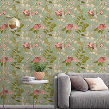 Lola Green Floral Wallpaper Pink Roses Butterflies Smooth Matte Finish Grandeco