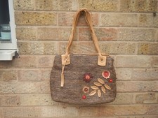 TULA RADLEY WOVEN/LEATHER BROWN BAG FLORAL DESIGN 
