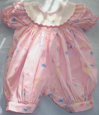 Smocked Romper Pink Candy Stripe Vintage Floral Frilly Play Suit Baby Girl 3-6 m