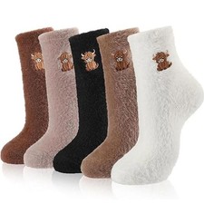 5 Pairs Womens Christmas Fuzzy Socks Cute Highland Cow Holiday Socks Gifts
