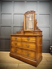 Antique Walnut Dressing Table Mirror, Chest of Drawers, Bedroom Storage