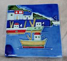 FISHING BOAT HEAT RESISTANT HAND DECORATED CORK BACKED POT STAND TILE 6"